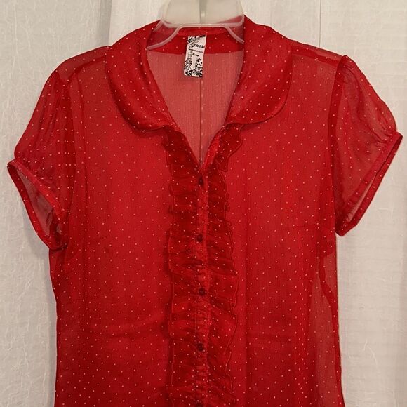 Guess L Red Textured Polka Dot Romantic Sheer Short Sleeve Collared Blouse - Picture 3 of 16